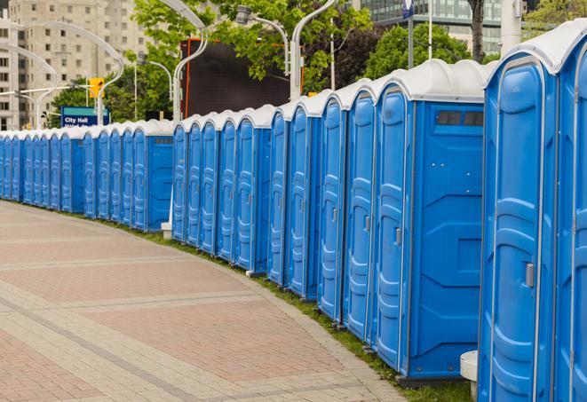 hygienic portable restrooms lined up at a beach party, ensuring guests have access to the necessary facilities while enjoying the sun and sand in Palenville